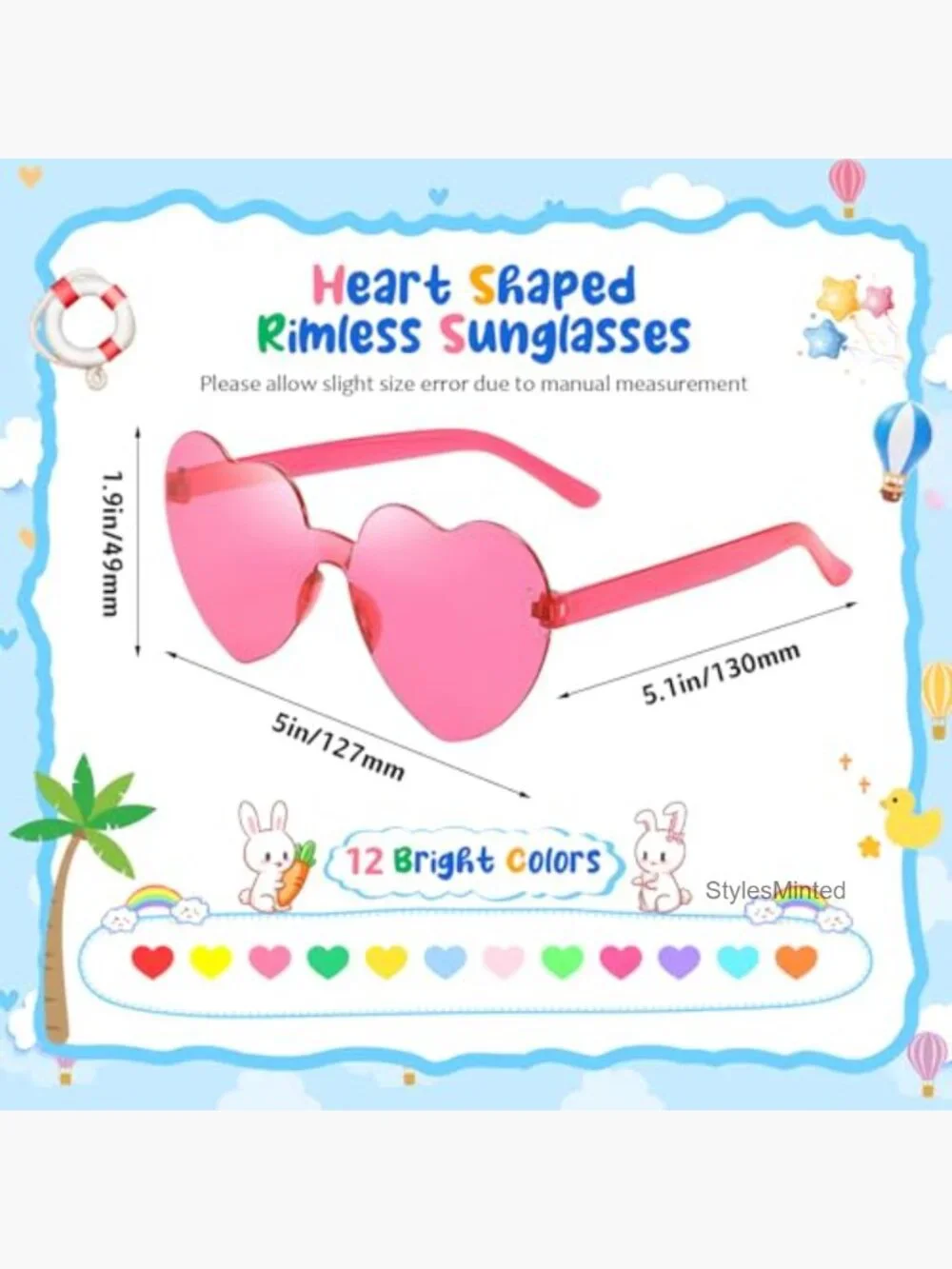 24-Pack Heart/Star Shaped Kids Rimless Party Sunglasses